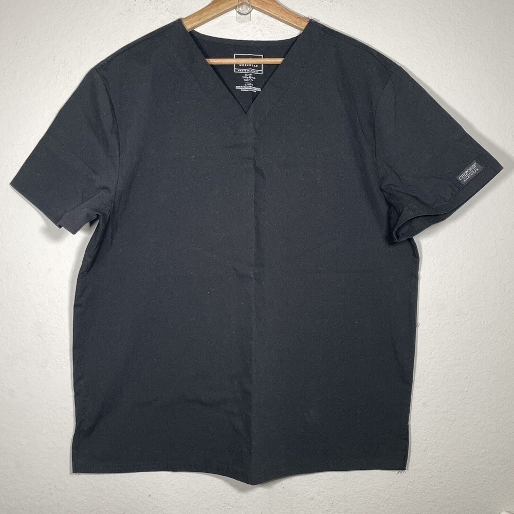 Cherokee Workwear Black Scrub Top V Neck Short Sleeve Shirt Men Size Large
